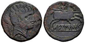 Sekobirikes. Unit. 120-30 BC. Saelices (Cuenca). (Abh-2176). (Acip-1876). Anv.: Male head right, dolphin before, behind palm and below iberian letter ...