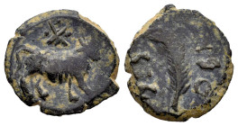 Segobriga. Cuadrante. 30-20 BC. Saelices (Cuenca). (Abh-2184). (Acip-3241). Anv.: Bull right, X between three pellets above. Rev.: Palm, latin legend ...