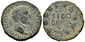 Segobriga. Time of Tiberius. Unit. 14-36 AD. Saelices (Cuenca). (Abh-2186). (Acip-3244). Anv.: TI. CAESAR. DIVI. AVG. E AVGVS. F. IMP. VIII. around ba...