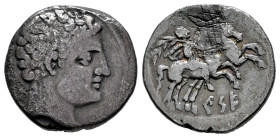 Kese. Denarius. 220-200 BC. Tarragona. (Abh-2266). (Acip-1122). Anv.: Male head right. Rev.: Horseman right, holding palm, leading a second horse, ibe...