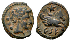 Kese. Cuadrante. 220-200 BC. Tarragona. (Abh-2326). (Acip-1114). Anv.: Male head right, three pellets behind. Rev.: Forepart of Pegasus right, iberian...