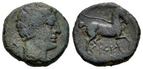 Kese. Half unit. 110-20 BC. Tarragona. (Abh-2353). (Acip-1203). Anv.: Male head right, iberian letter BE behind. Rev.: Horse right, iberian legend KES...