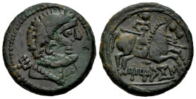 Titiakos. Unit. 120-20 BC. Tricio (La Rioja). (Abh-2395). (Acip-1898). Anv.: Bearded head right, iberian letter TI behind. Rev.: Horseman right, holdi...