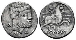 Turiasu. Denarius. 120-20 BC. Tarazona (Zaragoza). (Abh-2417). (Acip-1723). Anv.: Bearded head right, iberian letter KA, S and TU. Rev.: Horseman righ...