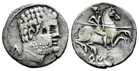 Turiasu. Denarius. 120-20 BC. Tarazona (Zaragoza). (Abh-2417). (Acip-1723). Anv.: Bearded head right, iberian letter KA, S and TU. Rev.: Horseman righ...