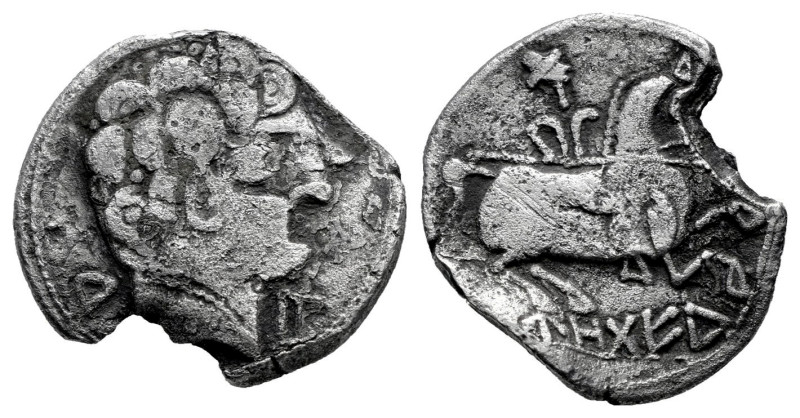 Turiaso. Denarius. Anv.: Male head to the right, behind Iberian letters KA and T...