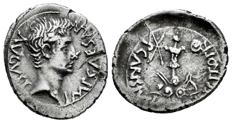 Augustus. P. Carisius. Denarius. 23 BC. Emerita Augusta (Mérida). (Ffc-258). (Ri...