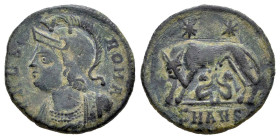 Constantinus I. Follis. 330-335 d.C. Antioch. (Ric-VII 91). Anv.: VRBS ROMA, helmeted bust of Roma to left, wearing imperial mantle. Rev.: She-wolf st...