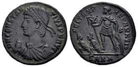 Constantius II. Centenionalis. 348-351 d.C. Cyzicus. (Ric-70). Anv.: D N CONSTANTIVS P F AVG, pearl-diademed, draped and cuirassed bust right holding ...