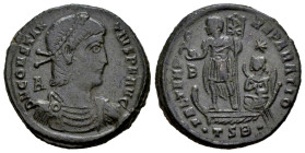Constantius II. Centenionalis. 350 d.C. Thessalonica. (Ric-133). Anv.: D N CONSTANTIVS P F AVG, pearl-diademed, draped and cuirassed bust right; A beh...
