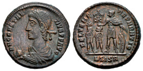 Constantius II. Centenionalis. 348-350 d.C. Siscia. (Ric-225). Anv.: D N CONSTANTIVS P F AVG, pearl-diademed and draped bust left, holding globe. Rev....