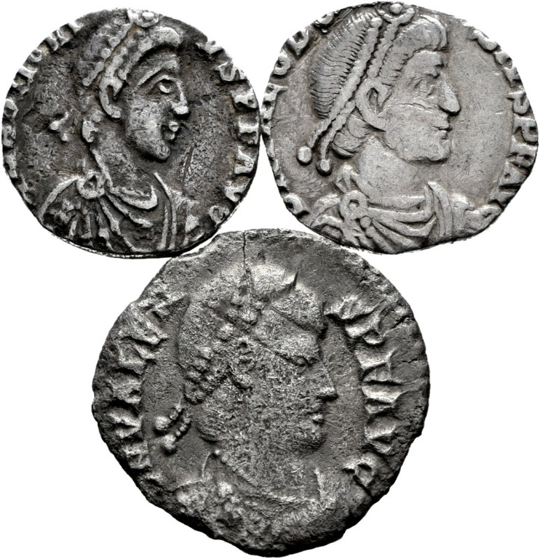 Lot of 3 coins from the Roman Empire. Siliquas of Honorius, Theodosius and Valen...
