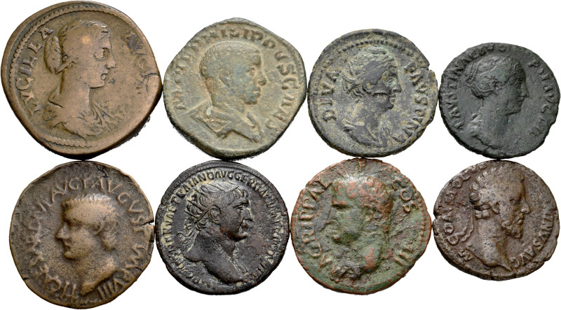 Lot of 8 coins from the Roman Empire. Containing As, Dupondius and Sestertius of...