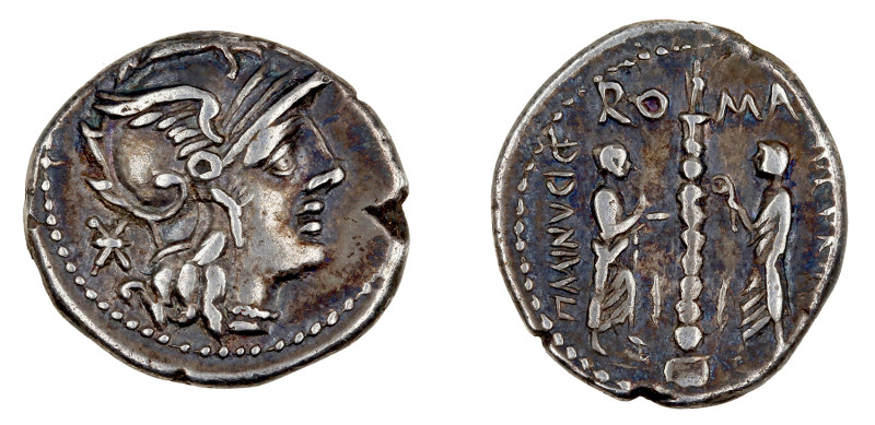 Roman Republic
Ti. Minucius C.f. Augurinus (134 BC), Denário, Anv: Roma c/ capa...