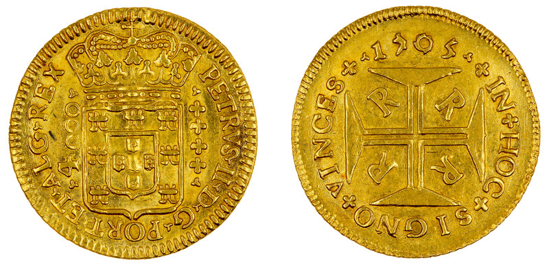 Portugal
D. Pedro II Moeda (4.800 Réis) 1705 Rio de Janeiro, RRRR, ouro, AG.100...