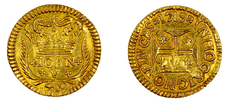 Portugal
D. João V Pinto (480 Réis) 1719, ouro, AG.84.02, vestígios de solda no...