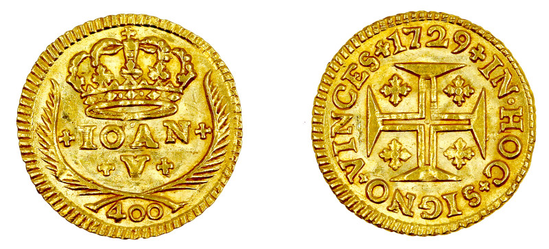 Portugal
D. João V Pinto (480 Réis) 1729, coroa de 5 arcos, ouro, AG.85.09, sob...