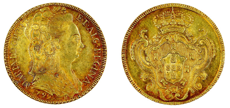 Portugal
D. Maria I Peça (6.400 Réis) 1799 Bahia, B afastado da data, ouro, RS....