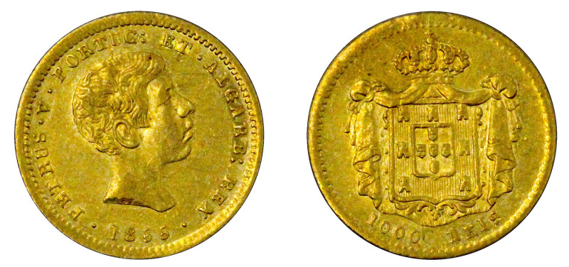 Portugal
D. Pedro V 1.000 Réis (1/10 de Coroa) 1855, ouro, AG.09.01, MBC+