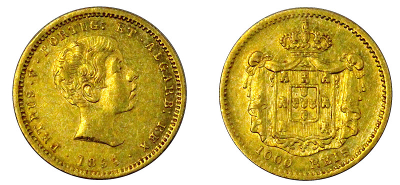 Portugal
D. Pedro V 1.000 Réis (1/10 de Coroa) 1855, ouro, AG.09.01, MBC+