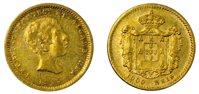 Portugal
D. Pedro V 1.000 Réis (1/10 de Coroa) 1855, ouro, AG.09.01, MBC+