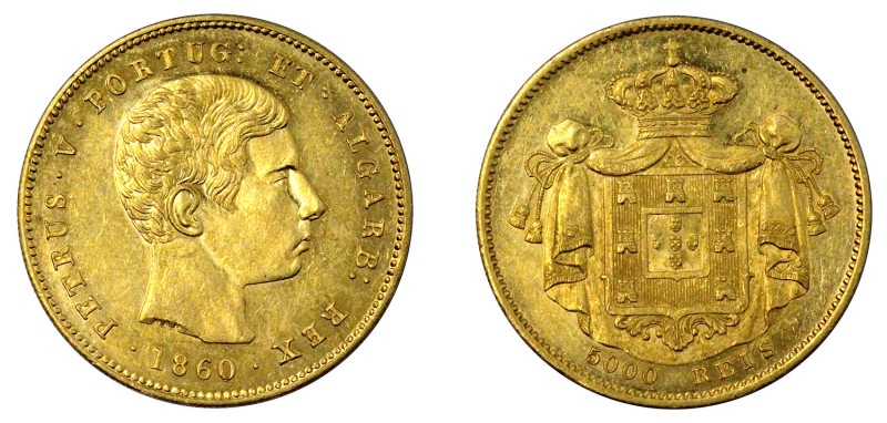 Portugal
D. Pedro V 5.000 Réis (Meia Coroa) 1860, ouro, AG.12.01, soberba