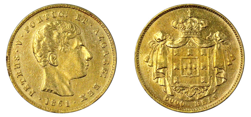 Portugal
D. Pedro V 5.000 Réis (Meia Coroa) 1861, ouro, AG.12.02, MBC