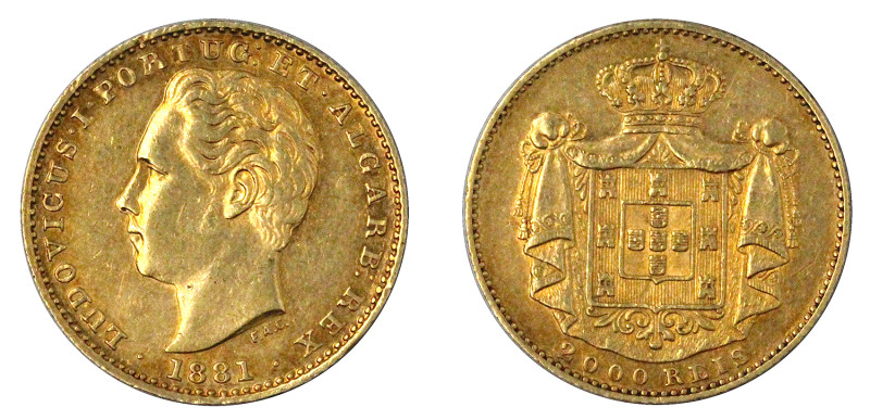 Portugal
D. Luís I 2.000 Réis (Quinto de Coroa) 1881, ouro, AG.14.13, MBC