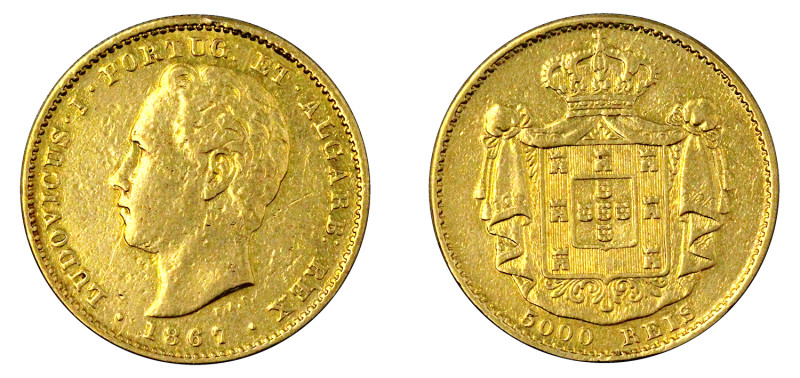 Portugal
D. Luís I 5.000 Réis (Meia Coroa) 1867, ouro, AG.16.01, MBC-