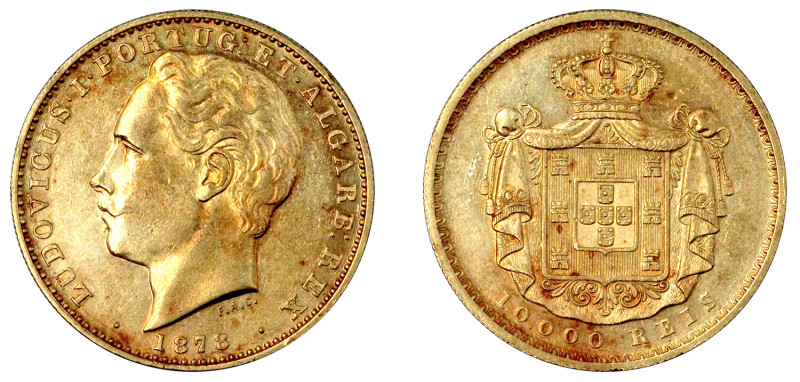 Portugal
D. Luís I 10.000 Réis (Coroa) 1878, ouro, AG.11.01, bela