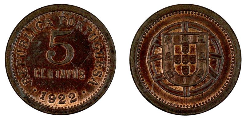 Portugal
5 Centavos 1922, bronze, AG.05.03, envernizada, bela