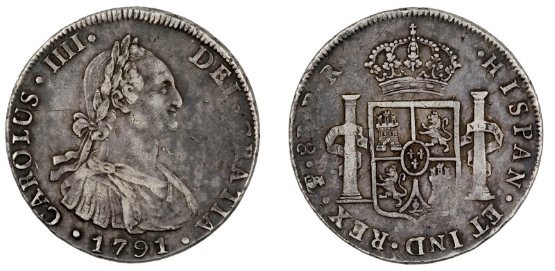 Bolívia
Carlos IV 8 Reales 1791 PR Potosi, prata, Calico 991, MBC