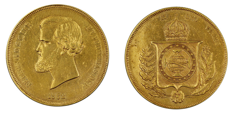 Brazil
D. Pedro II 20.000 Réis 1862, ouro, "Eixo desviado",CA.0682, MBC+