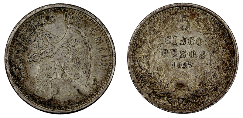 Chile
5 Pesos 1927, prata, KM#173L, MBC+