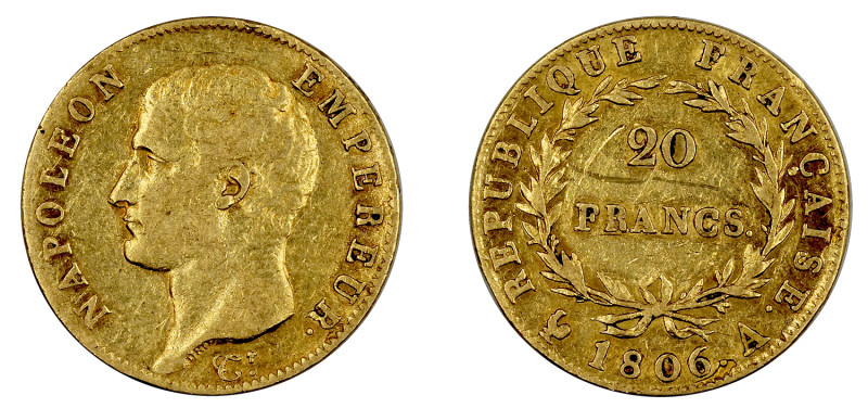 France
Napoleão 20 Francos 1806 A, ouro, KM# 674.1, MBC-