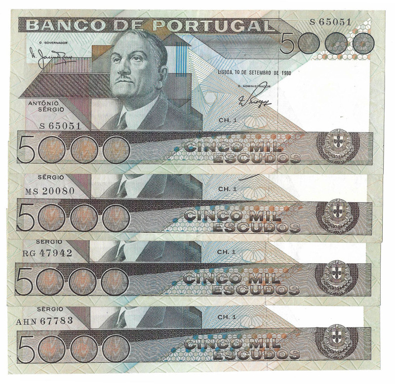 Portugal
Lote de 4 Notas de 5.000 Escudos Ch.1, 1980-81-83-85, Pick#182, belas