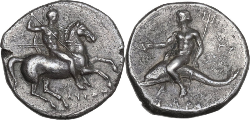 Greek Italy. Southern Apulia, Tarentum. AR Nomos, c. 280-272 BC. Reduced standar...