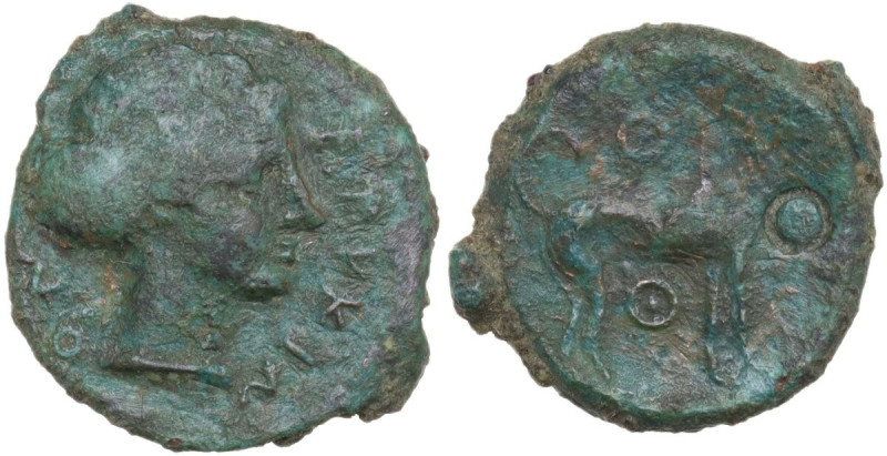 Sicily. Eryx. AE Tetras-Trionkion, c. 425-420 BC. Obv. EPVKIN-ON. Female head ri...