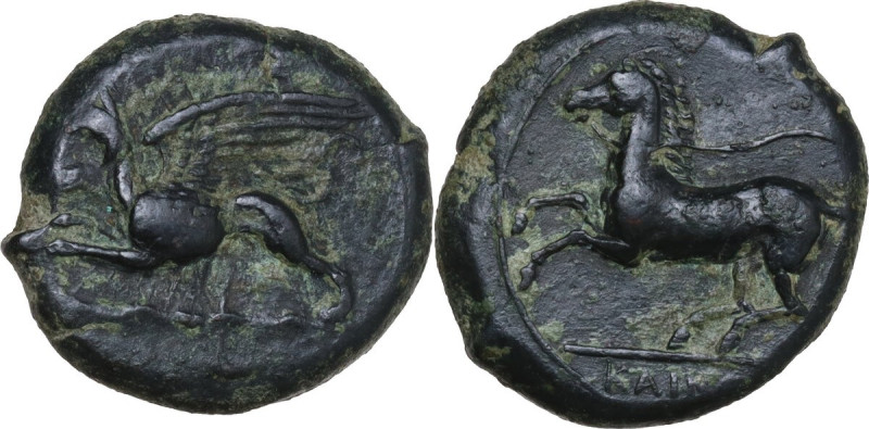 Sicily. Kainon. AE 23 mm, c. 360-340 BC. Obv. Griffin springing left above cloud...