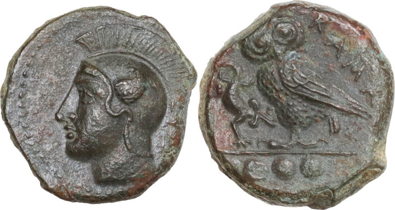 Sicily. Kamarina. AE Tetras or Trionkion, c. 410-405 BC. Obv. Head of Athena lef...