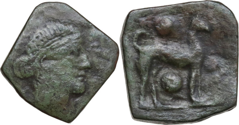 Sicily. Segesta. AE Hexas, c. 416-415 BC. Obv. Head of Aigiste right. Rev. Hound...