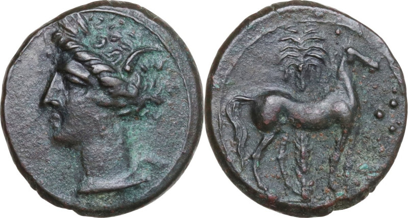 Punic Sardinia. AE 16.5 mm. c. 360-330 BC, uncertain mint. Obv. Wreathed head of...