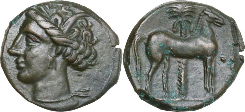 Punic Sardinia. AE 16 mm. c. 360-330 BC, uncertain mint. Obv. Wreathed head of K...