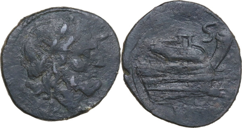 L Series. AE Semis. Luceria mint, c. 206-195 BC. Obv. Laureate head of Saturn ri...