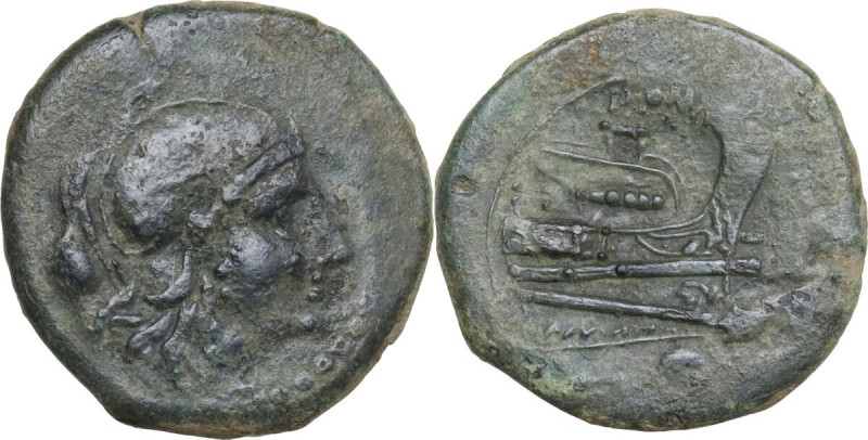 Northern Apulia, Canusium. CA series. AE Uncia, c. 206-195 BC. Obv. Helmeted hea...