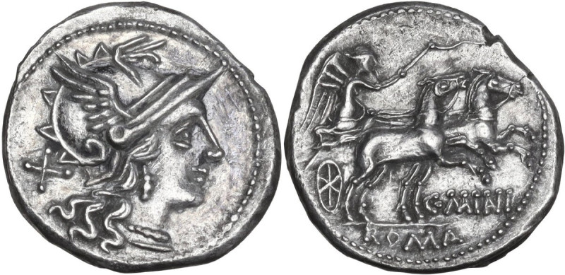 C. Maianius. AR Denarius, Rome mint, 153 BC. Obv. Helmeted head of Roma right; o...