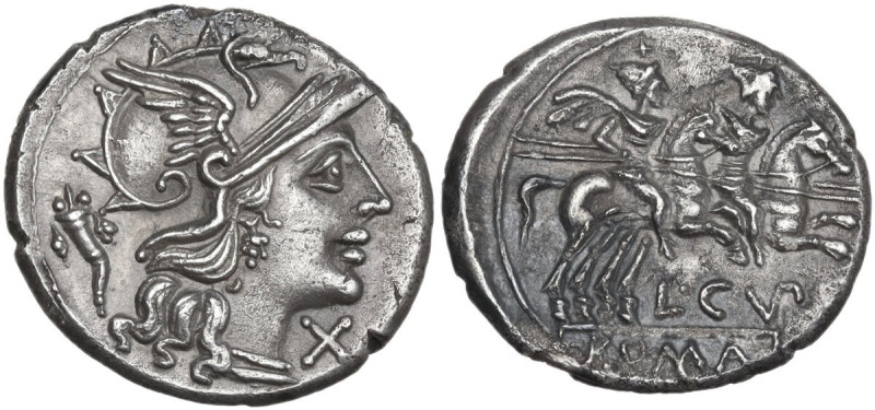 L. Cupiennius. AR Denarius, 147 BC. Obv. Helmeted head of Roma right; behind, co...