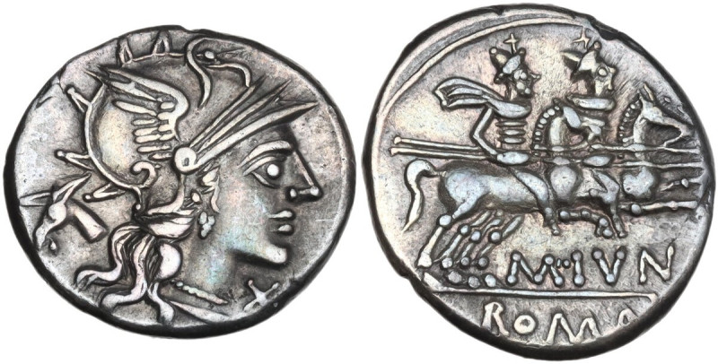 M. Junius Silanus. AR Denarius, 145 BC. Obv. Helmeted head of Roma right; behind...