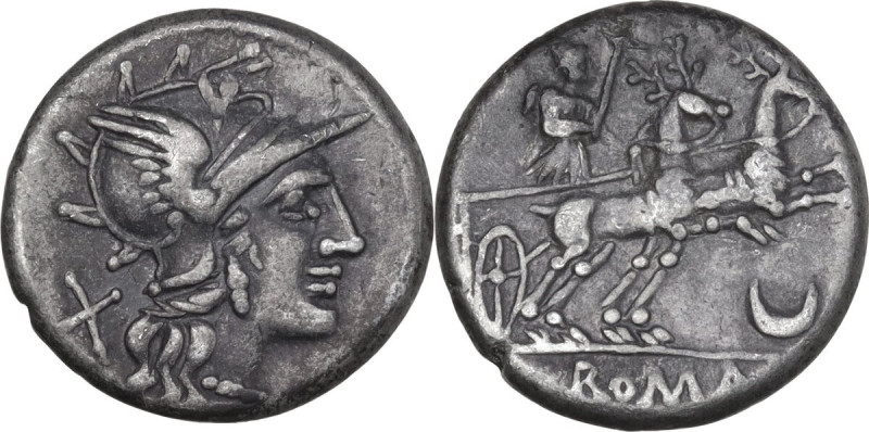 AR Denarius, 143 BC. Obv. Helmeted head of Roma right; behind, X. Rev. Diana in ...