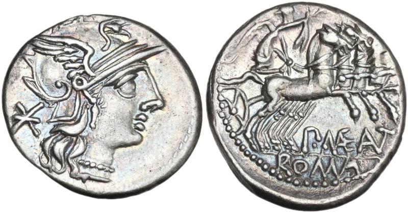 P. Maenius Antiaticus M. f. AR Denarius, 132 BC. Obv. Helmeted head of Roma righ...